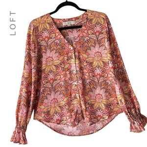 LOFT | NWOT FLORAL BUTTON FRONT RUFFLE CUFF BLOUSE TOP V-NECK | EXTRA SMALL